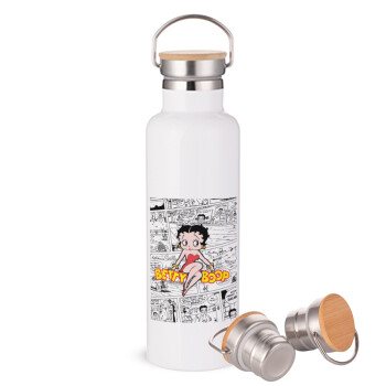 Betty Boop, Stainless steel White with wooden lid (bamboo), double wall, 750ml