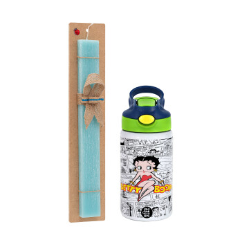 Betty Boop, Easter Set, Children's thermal stainless steel bottle with safety straw, green/blue (350ml) & aromatic flat Easter candle (30cm) (TURQUOISE)