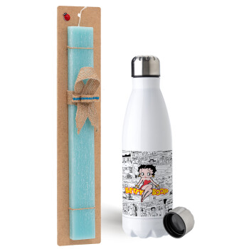 Betty Boop, Easter Set, metallic stainless steel water bottle (750ml) & aromatic flat Easter candle (30cm) (TURQUOISE)