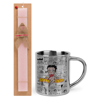 Betty Boop, Easter Set, metallic thermal cup (300ml) & aromatic flat Easter candle (30cm) (PINK)