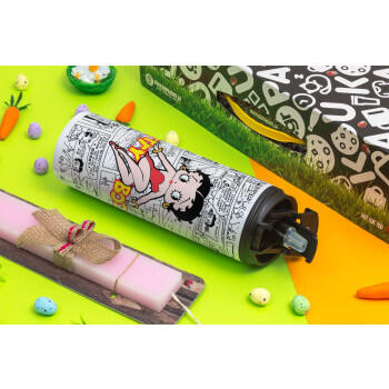 Betty Boop, Πασχαλινή Λαμπάδα με Travel Tumbler θερμό με διπλό καπάκι (600ml, BPA free) & κερί αρωματικό πλακέ (30cm) (ΡΟΖ)