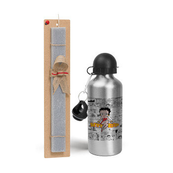 Betty Boop, Easter Set, metallic silver aluminum water bottle (500ml) & aromatic flat Easter candle (30cm) (GRAY)