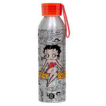 Betty Boop, Αλουμινένιο Αθλητικό Μπουκάλι 650ml – Ασημί με Κόκκινο Καπάκι και Λουράκι Σιλικόνης