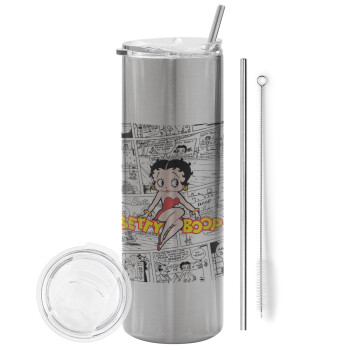 Betty Boop, Eco friendly stainless steel Silver tumbler 600ml, with metal straw & cleaning brush