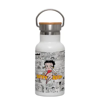 Betty Boop, Metallic thermos (Stainless steel) White with wooden lid (bamboo), double-walled, 350ml