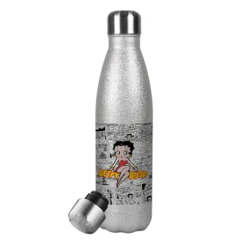 Betty Boop, Μεταλλικό παγούρι θερμός Glitter Aσημένιο (Stainless steel), διπλού τοιχώματος, 500ml