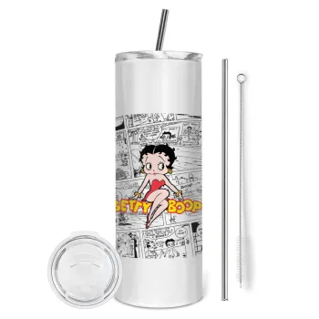 Betty Boop, Tumbler ποτήρι θερμό από ανοξείδωτο ατσάλι 600ml, με μεταλλικό καλαμάκι & βούρτσα καθαρισμού