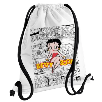Betty Boop, Backpack pouch GYMBAG white, with pocket (40x48cm) & thick cords