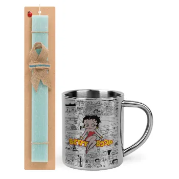 Betty Boop, Easter Set, metallic thermal cup (300ml) & aromatic flat Easter candle (30cm) (TURQUOISE)
