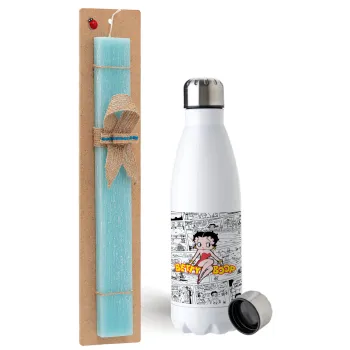 Betty Boop, Easter Set, metallic stainless steel water bottle (750ml) & aromatic flat Easter candle (30cm) (TURQUOISE)