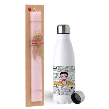Betty Boop, Easter Set, metallic stainless steel water bottle (750ml) & scented flat Easter candle (30cm) (PINK)