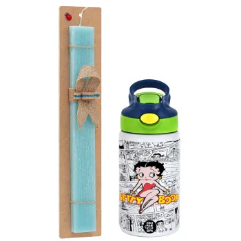 Betty Boop, Easter Set, Children's thermal stainless steel bottle with safety straw, green/blue (350ml) & aromatic flat Easter candle (30cm) (TURQUOISE)