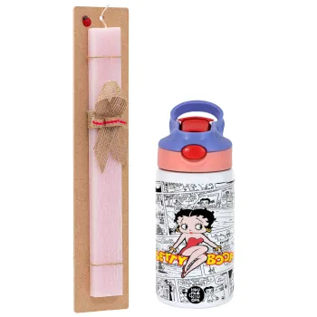 Betty Boop, Easter Set, Children's thermal stainless steel water bottle with safety straw, pink/purple (350ml) & Easter scented flat candle (30cm) (PINK)