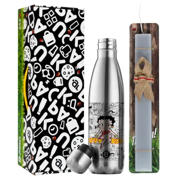 Betty Boop, Easter Set, metallic stainless thermos flask (500ml) & scented flat Easter candle (30cm) (GRAY)