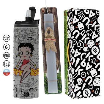 Betty Boop, Πασχαλινή Λαμπάδα με Travel Tumbler θερμό (600ml, BPA free) & κερί αρωματικό πλακέ (30cm) (ΓΚΡΙ)