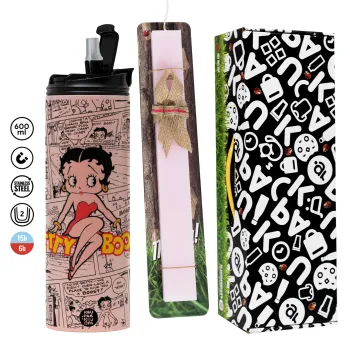 Betty Boop, Easter candle,Travel Tumbler 2 Lids, with metal straw & cleaning brush & aromatic flat candle (30cm) (PINK)