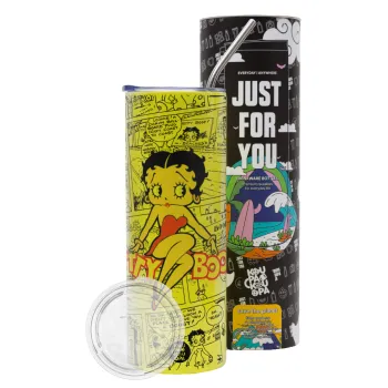 Betty Boop, Neon Yellow Travel Tumbler θερμό, μεταλλικό καλαμάκι(Ανωξείδωτο 304 Food grade, BPA free, 600ml)