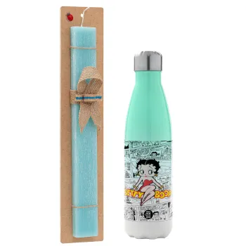 Betty Boop, Easter Set, Metallic green/white thermos (Stainless steel), double-walled, 500ml & scented flat Easter candle (30cm) (TURQUOISE)