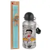 Easter Set, metallic silver aluminum water bottle (500ml) & scented flat Easter candle (30cm) (TURQUOISE)