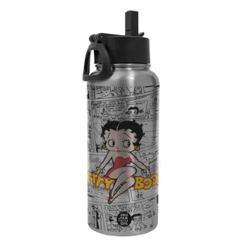 Betty Boop, Metal mug thermo Silver with Straw and Spout Lid (Stainless steel), double wall, 950ml