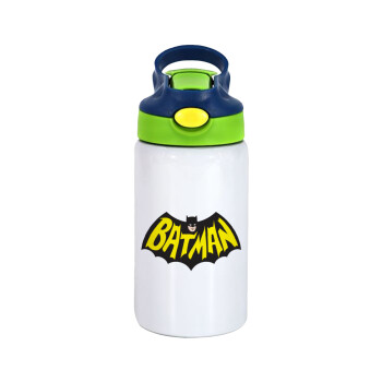 Batman classic logo, Children's hot water bottle, stainless steel, with safety straw, green, blue (350ml)