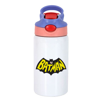 Batman classic logo, Παιδικό παγούρι θερμό, ανοξείδωτο, με καλαμάκι ασφαλείας, ροζ/μωβ (350ml)