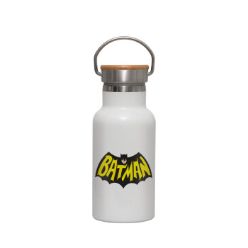 Batman classic logo, Μεταλλικό παγούρι θερμός (Stainless steel) Λευκό με ξύλινο καπακι (bamboo), διπλού τοιχώματος, 350ml