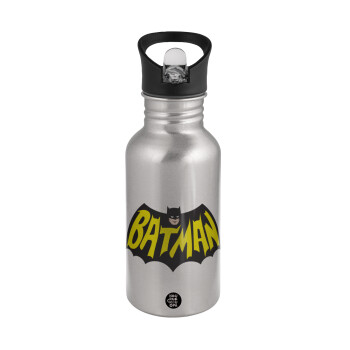 Batman classic logo, Παγούρι νερού Ασημένιο με καλαμάκι, ανοξείδωτο ατσάλι 500ml