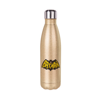 Batman classic logo, Μεταλλικό παγούρι θερμός Glitter χρυσό (Stainless steel), διπλού τοιχώματος, 500ml