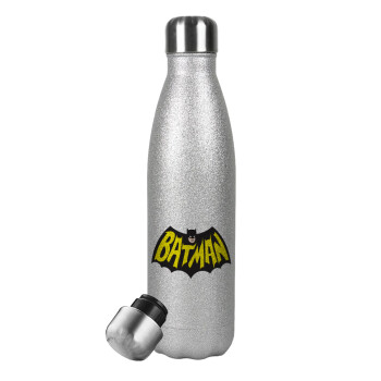 Batman classic logo, Μεταλλικό παγούρι θερμός Glitter Aσημένιο (Stainless steel), διπλού τοιχώματος, 500ml