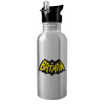 Batman classic logo, Παγούρι νερού Ασημένιο με καλαμάκι, ανοξείδωτο ατσάλι 600ml