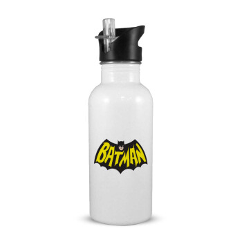 Batman classic logo, Παγούρι νερού Λευκό με καλαμάκι, ανοξείδωτο ατσάλι 600ml