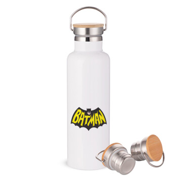 Batman classic logo, Stainless steel White with wooden lid (bamboo), double wall, 750ml