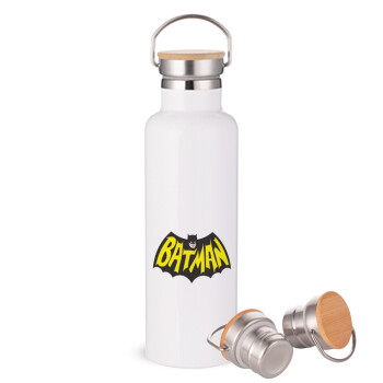 Batman classic logo, Μεταλλικό παγούρι θερμός (Stainless steel) Λευκό με ξύλινο καπάκι (bamboo), διπλού τοιχώματος, 750ml