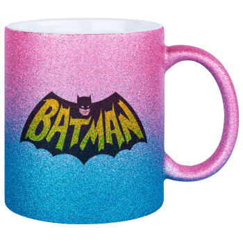 Batman classic logo, Κούπα Χρυσή/Μπλε Glitter, κεραμική, 330ml