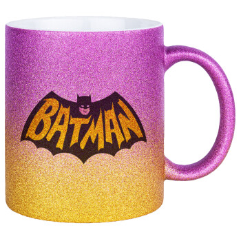 Batman classic logo, Κούπα Χρυσή/Ροζ Glitter, κεραμική, 330ml