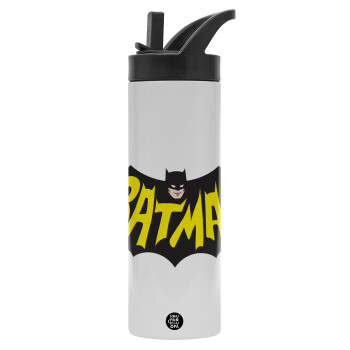 Batman classic logo, Μεταλλικό παγούρι θερμός με καλαμάκι & χειρολαβή, ανοξείδωτο ατσάλι (Stainless steel 304), διπλού τοιχώματος, 600ml