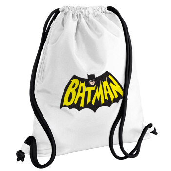 Batman classic logo, Backpack pouch GYMBAG white, with pocket (40x48cm) & thick cords
