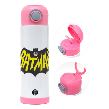 Batman classic logo, Children's hot water bottle, stainless steel, with safety straw, PINK (500ml)