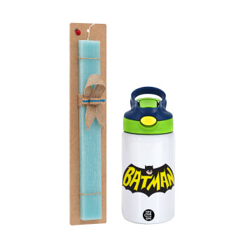 Batman classic logo, Easter Set, Children's thermal stainless steel bottle with safety straw, green/blue (350ml) & aromatic flat Easter candle (30cm) (TURQUOISE)