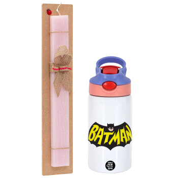 Batman classic logo, Easter Set, Children's thermal stainless steel water bottle with safety straw, pink/purple (350ml) & Easter scented flat candle (30cm) (PINK)
