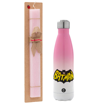 Batman classic logo, Easter Set, Metallic pink/white (Stainless steel) thermos, double-walled, 500ml & aromatic flat Easter candle (30cm) (PINK)