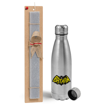 Batman classic logo, Easter Set, metallic Inox water bottle (750ml) & aromatic flat Easter candle (30cm) (GRAY)