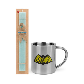 Batman classic logo, Πασχαλινό Σετ, μεταλλική κούπα θερμό (300ml) & πασχαλινή λαμπάδα αρωματική πλακέ (30cm) (ΤΙΡΚΟΥΑΖ)