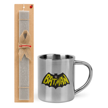 Batman classic logo, Easter Set, metallic thermal cup (300ml) & Easter aromatic flat candle (30cm) (GRAY)