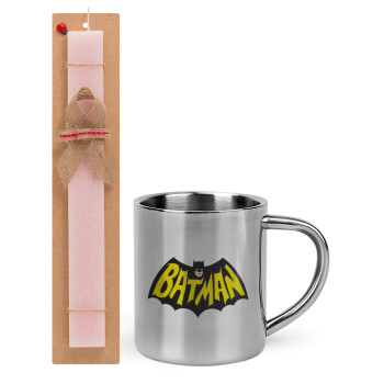 Batman classic logo, Easter Set, metallic thermal cup (300ml) & aromatic flat Easter candle (30cm) (PINK)