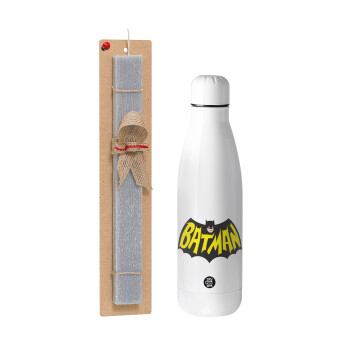Batman classic logo, Easter Set, metallic stainless thermos bottle (500ml) & scented flat Easter candle (30cm) (GRAY)
