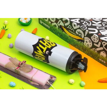 Batman classic logo, Πασχαλινή Λαμπάδα με Travel Tumbler θερμό με διπλό καπάκι (600ml, BPA free) & κερί αρωματικό πλακέ (30cm) (ΡΟΖ)