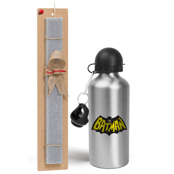Batman classic logo, Easter Set, metallic silver aluminum water bottle (500ml) & aromatic flat Easter candle (30cm) (GRAY)