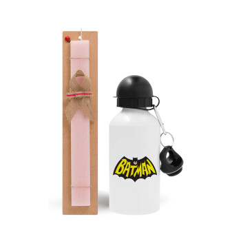 Batman classic logo, Easter Set, metallic aluminum bottle (500ml) & aromatic flat Easter candle (30cm) (PINK)